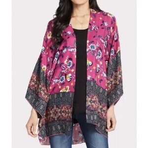 Evereve Allison Joy Floral Kimono Robe M / L Pink Open Front Festival Boho Beach